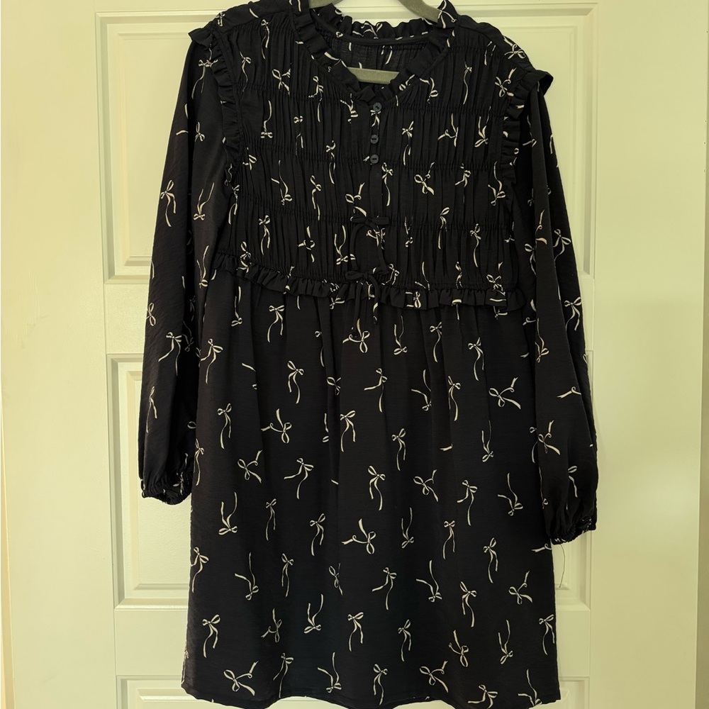ZARA Girls Black Bow Print Long Sleeve Ruffled Babydoll Dress 9/10